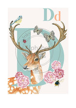 Load image into Gallery viewer, Animal Alphabet limited edition signed print - D is for Deer, original design beautifully hand painted with watercolors by artist Lisa Read - Original Music and Movie Posters for sale from Bamalama - Online Poster Store UK London
