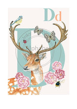 Load image into Gallery viewer, Animal Alphabet limited edition signed print - D is for Deer, original design beautifully hand painted with watercolors by artist Lisa Read - Original Music and Movie Posters for sale from Bamalama - Online Poster Store UK London