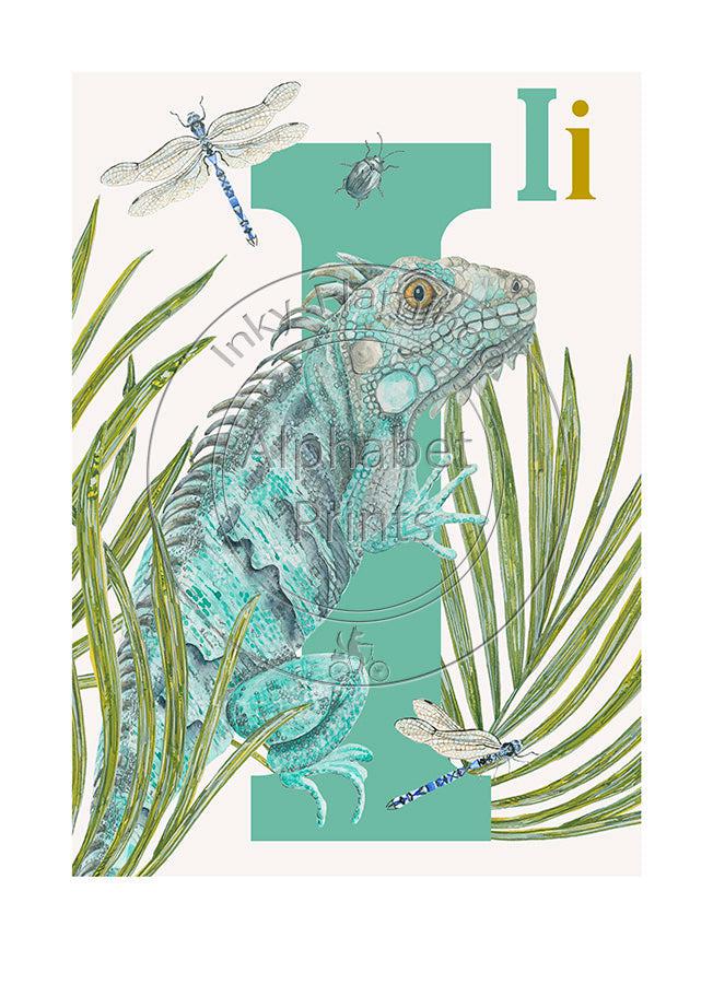 Animal Alphabet limited edition signed print - I is for Iguana, original design beautifully hand painted with watercolors by artist Lisa Read - Original Music and Movie Posters for sale from Bamalama - Online Poster Store UK London