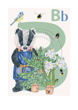 Load image into Gallery viewer, Childrens bedroom & nursery animal poster print - B is for Badger, original design beautifully hand painted with watercolors and signed by Lisa Read - Original Music and Movie Posters for sale from Bamalama - Online Poster Store UK London