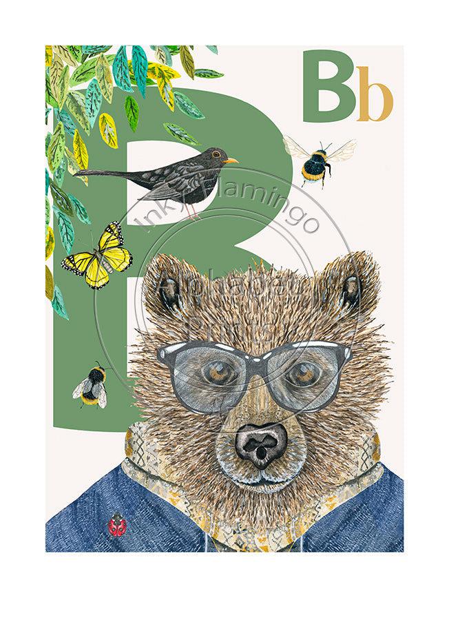 Childrens bedroom & nursery animal poster print - B is for Bear, Original Design Beautifully Hand Painted With Watercolors By Artist Lisa Read - Original Music and Movie Posters for sale from Bamalama - Online Poster Store UK London
