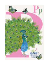 Load image into Gallery viewer, Childrens bedroom & nursery animal poster print - P is for Peacock, original design beautifully hand painted with watercolors and signed by artist Lisa Read - Original Music and Movie Posters for sale from Bamalama - Online Poster Store UK London