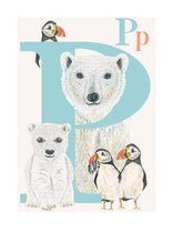 Load image into Gallery viewer, Childrens bedroom & nursery animal poster print - P is for Polar Bear, original design beautifully hand painted with watercolors and signed by artist Lisa Read - Original Music and Movie Posters for sale from Bamalama - Online Poster Store UK London