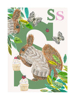 Load image into Gallery viewer, Childrens bedroom &amp; nursery animal poster print - S is for Squirrell, original design beautifully hand painted with watercolors and signed by artist Lisa Read - Original Music and Movie Posters for sale from Bamalama - Online Poster Store UK London
