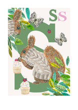 Load image into Gallery viewer, Childrens bedroom & nursery animal poster print - S is for Squirrell, original design beautifully hand painted with watercolors and signed by artist Lisa Read - Original Music and Movie Posters for sale from Bamalama - Online Poster Store UK London