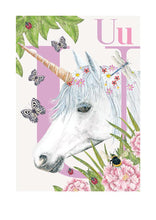 Load image into Gallery viewer, Childrens bedroom &amp; nursery animal poster print - U is for Unicorn, original design beautifully hand painted with watercolors and signed by artist Lisa Read - Original Music and Movie Posters for sale from Bamalama - Online Poster Store UK London
