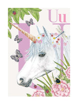 Load image into Gallery viewer, Childrens bedroom & nursery animal poster print - U is for Unicorn, original design beautifully hand painted with watercolors and signed by artist Lisa Read - Original Music and Movie Posters for sale from Bamalama - Online Poster Store UK London