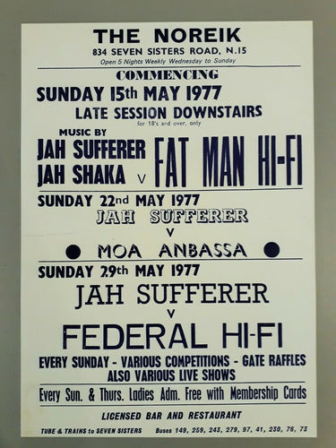 Jah Shaka Reggae & Ska concert poster - Club Noreik Fatman Hi Fi 1977 A3 reprint - Original Music and Movie Posters for sale from Bamalama - Online Poster Store UK London