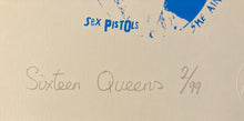 Load image into Gallery viewer, Sex Pistols original poster - 16 Queens Blue Screen print by Artificial stamp/numbered designed by Jamie Reid - Original Music and Movie Posters for sale from Bamalama - Online Poster Store UK London