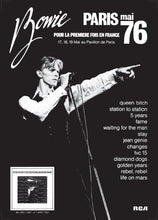 Load image into Gallery viewer, David Bowie poster - Fantastic concert promo live Paris Pavillion 1976 new print - Original Music and Movie Posters for sale from Bamalama - Online Poster Store UK London