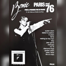 Load image into Gallery viewer, David Bowie poster - Fantastic concert promo live Paris Pavillion 1976 new print - Original Music and Movie Posters for sale from Bamalama - Online Poster Store UK London
