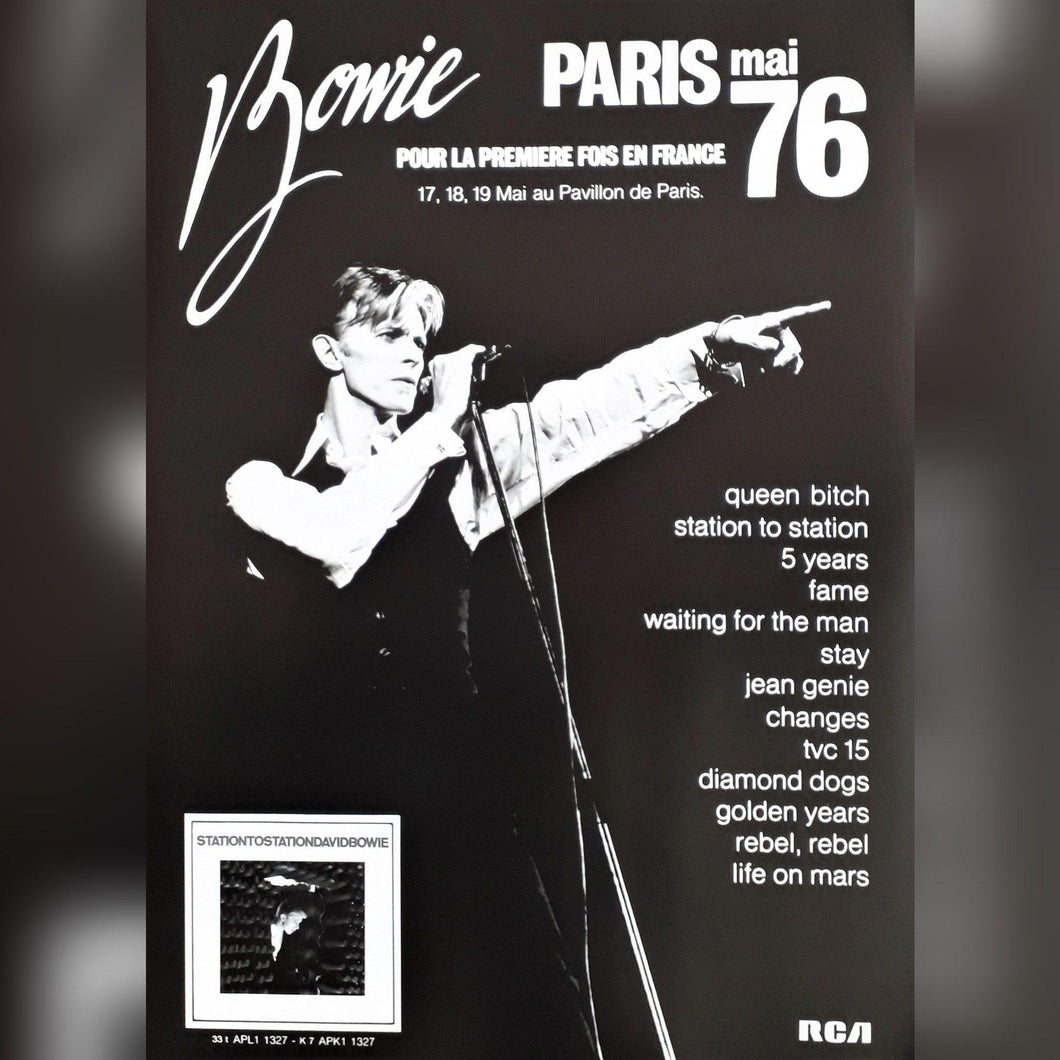 David Bowie poster - Fantastic concert promo live Paris Pavillion 1976 new print - Original Music and Movie Posters for sale from Bamalama - Online Poster Store UK London