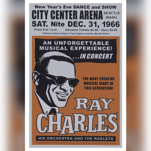 Ray Charles concert promo poster - Live New Years Eve Seattle USA 1966 - Original Music and Movie Posters for sale from Bamalama - Online Poster Store UK London