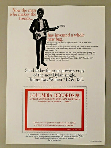 Bob Dylan poster - Rainy Day Women music paper promotional advert 66 A3 reprint - Original Music and Movie Posters for sale from Bamalama - Online Poster Store UK London
