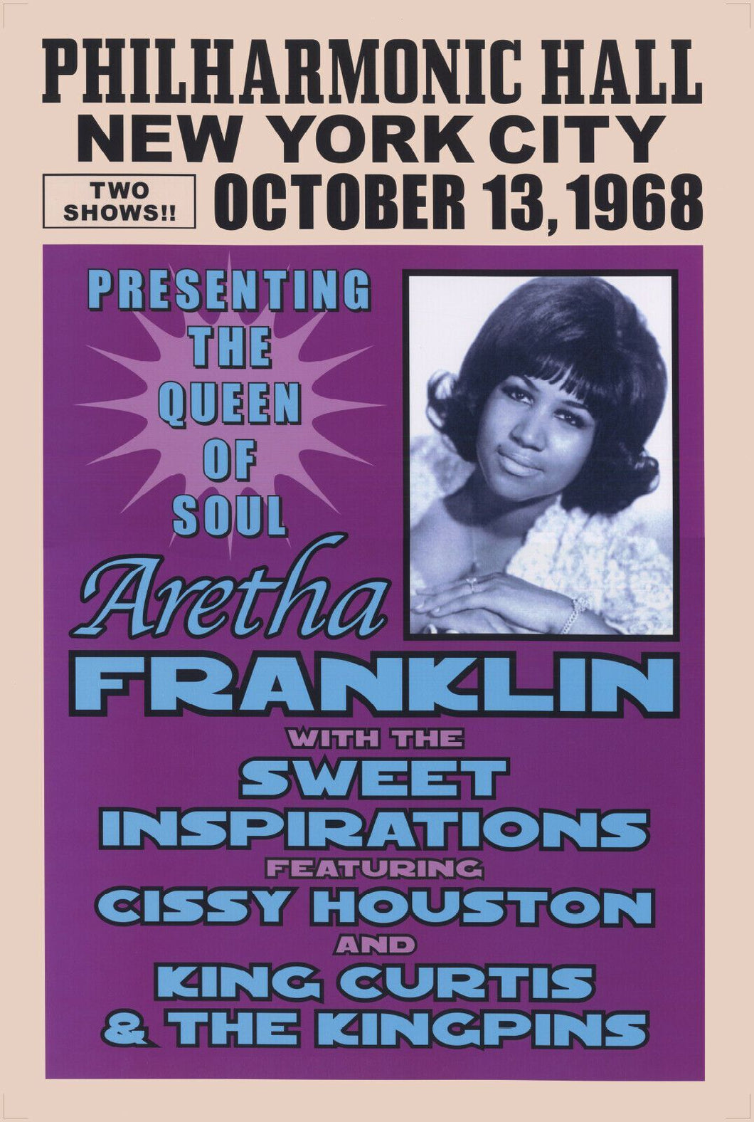 Aretha Franklin concert poster - King Curtis Philharmonic Hall New York 1968 A2 size - Original Music and Movie Posters for sale from Bamalama - Online Poster Store UK London