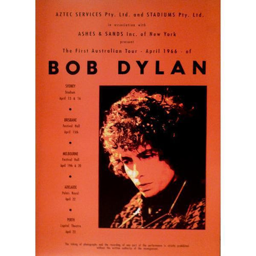 Bob Dylan concert tour promotional poster - Australia April 1966 - Original Music and Movie Posters for sale from Bamalama - Online Poster Store UK London