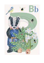 Load image into Gallery viewer, Childrens bedroom &amp; nursery animal poster print - B is for Badger, original design beautifully hand painted with watercolors and signed by Lisa Read - Original Music and Movie Posters for sale from Bamalama - Online Poster Store UK London
