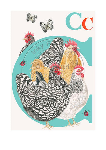 Childrens bedroom & nursery animal poster print - C is for Chickens, original design beautifully hand painted with watercolors by artist Lisa Read - Original Music and Movie Posters for sale from Bamalama - Online Poster Store UK London