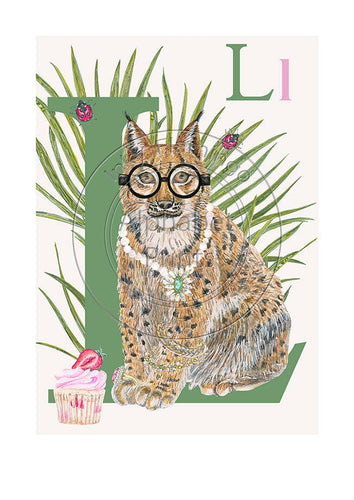 Childrens bedroom & nursery animal poster print - L is for Lynx, Original Design Beautifully Hand Painted With Watercolors By Artist Lisa Read - Original Music and Movie Posters for sale from Bamalama - Online Poster Store UK London
