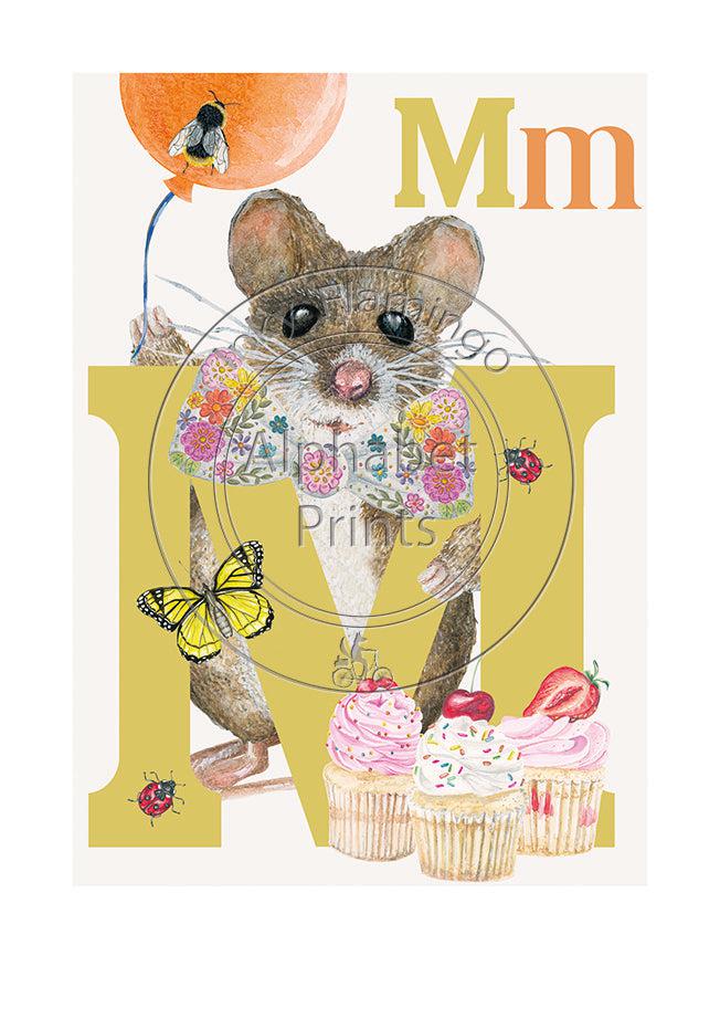Childrens bedroom & nursery animal poster print - M is for Mouse, original design beautifully hand painted with watercolors and signed by artist Lisa Read - Original Music and Movie Posters for sale from Bamalama - Online Poster Store UK London