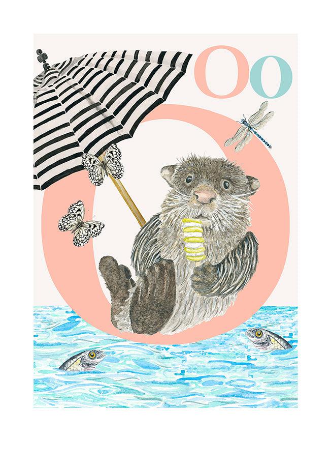 Childrens bedroom & nursery animal poster print - O is for Otter, Original Design Beautifully Hand Painted With Watercolors By Artist Lisa Read - Original Music and Movie Posters for sale from Bamalama - Online Poster Store UK London