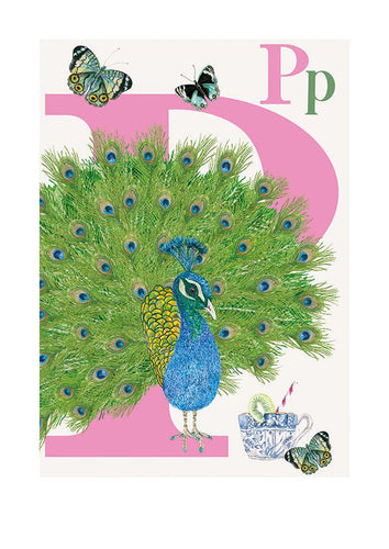 Childrens bedroom & nursery animal poster print - P is for Peacock, original design beautifully hand painted with watercolors and signed by artist Lisa Read - Original Music and Movie Posters for sale from Bamalama - Online Poster Store UK London