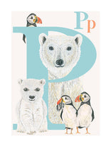 Load image into Gallery viewer, Childrens bedroom &amp; nursery animal poster print - P is for Polar Bear, original design beautifully hand painted with watercolors and signed by artist Lisa Read - Original Music and Movie Posters for sale from Bamalama - Online Poster Store UK London
