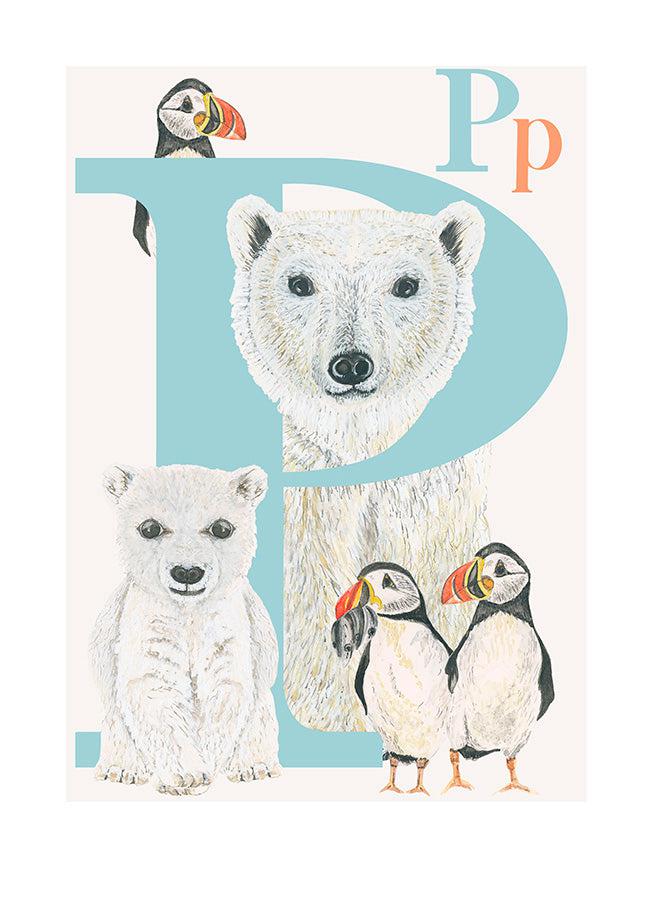 Childrens bedroom & nursery animal poster print - P is for Polar Bear, original design beautifully hand painted with watercolors and signed by artist Lisa Read - Original Music and Movie Posters for sale from Bamalama - Online Poster Store UK London