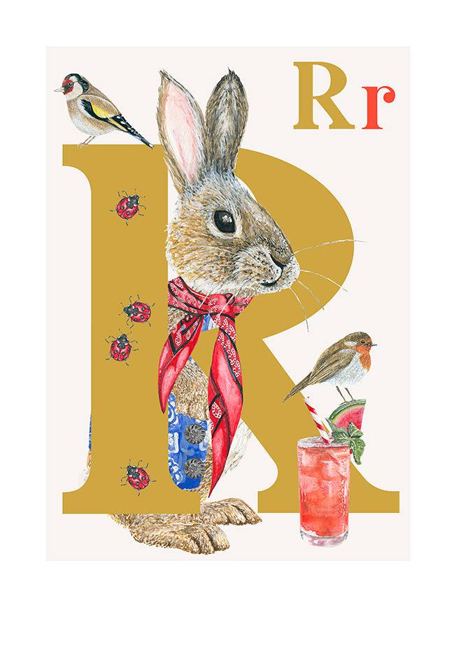 Childrens bedroom & nursery animal poster print - R is for Rabbit, original design beautifully hand painted with watercolors and signed by artist Lisa Read - Original Music and Movie Posters for sale from Bamalama - Online Poster Store UK London