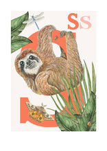 Load image into Gallery viewer, Childrens bedroom &amp; nursery animal poster print - S is for Sloth, original design beautifully hand painted with watercolors and signed by artist Lisa Read - Original Music and Movie Posters for sale from Bamalama - Online Poster Store UK London
