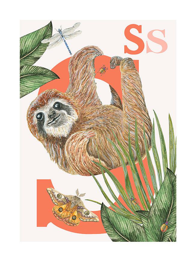 Childrens bedroom & nursery animal poster print - S is for Sloth, original design beautifully hand painted with watercolors and signed by artist Lisa Read - Original Music and Movie Posters for sale from Bamalama - Online Poster Store UK London