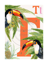 Load image into Gallery viewer, Childrens bedroom &amp; nursery animal poster print - T is for Toucan, original design beautifully hand painted with watercolors and signed by artist Lisa Read - Original Music and Movie Posters for sale from Bamalama - Online Poster Store UK London
