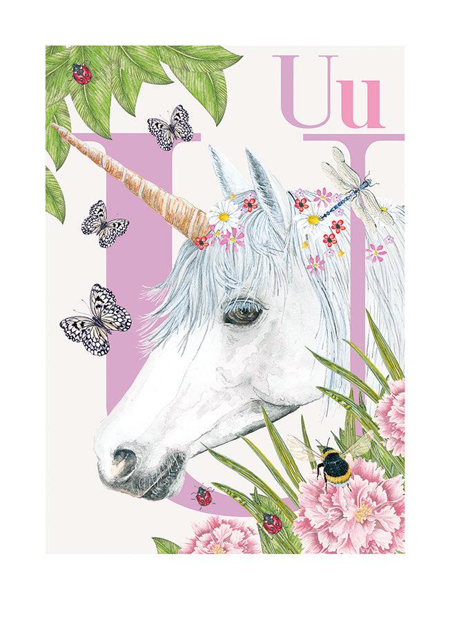 Childrens bedroom & nursery animal poster print - U is for Unicorn, original design beautifully hand painted with watercolors and signed by artist Lisa Read - Original Music and Movie Posters for sale from Bamalama - Online Poster Store UK London