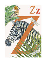 Load image into Gallery viewer, Childrens bedroom &amp; nursery animal poster print - Z is for Zebra, original design beautifully hand painted with watercolors and signed by artist Lisa Read - Original Music and Movie Posters for sale from Bamalama - Online Poster Store UK London
