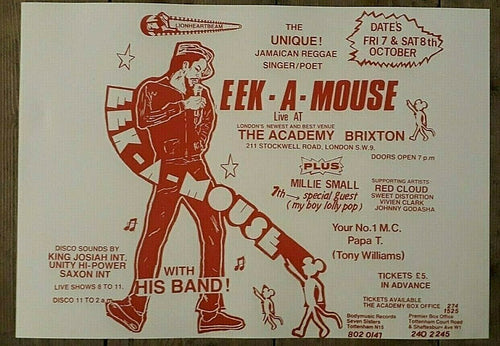 EEK a MOUSE poster & Millie Small - Brixton Reggae concert promo 1983 A3 reprint - Original Music and Movie Posters for sale from Bamalama - Online Poster Store UK London