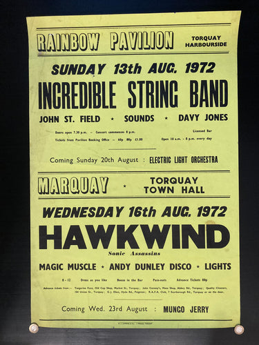 Hawkwind original concert poster - Live with Incredible String Band Torquay 1972 - Original Music and Movie Posters for sale from Bamalama - Online Poster Store UK London