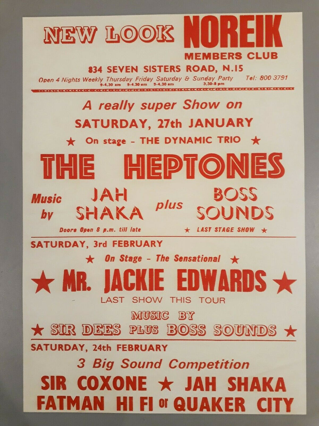 Jah Shaka poster - Club Noreik Reggae concert Heptones & Sir Coxone 1979 A3 reprint - Original Music and Movie Posters for sale from Bamalama - Online Poster Store UK London