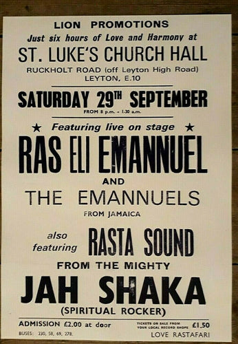 Jah Shaka poster - Reggae concert promo Ras Eli Emannuels Leyton 79 A3 reprint - Original Music and Movie Posters for sale from Bamalama - Online Poster Store UK London
