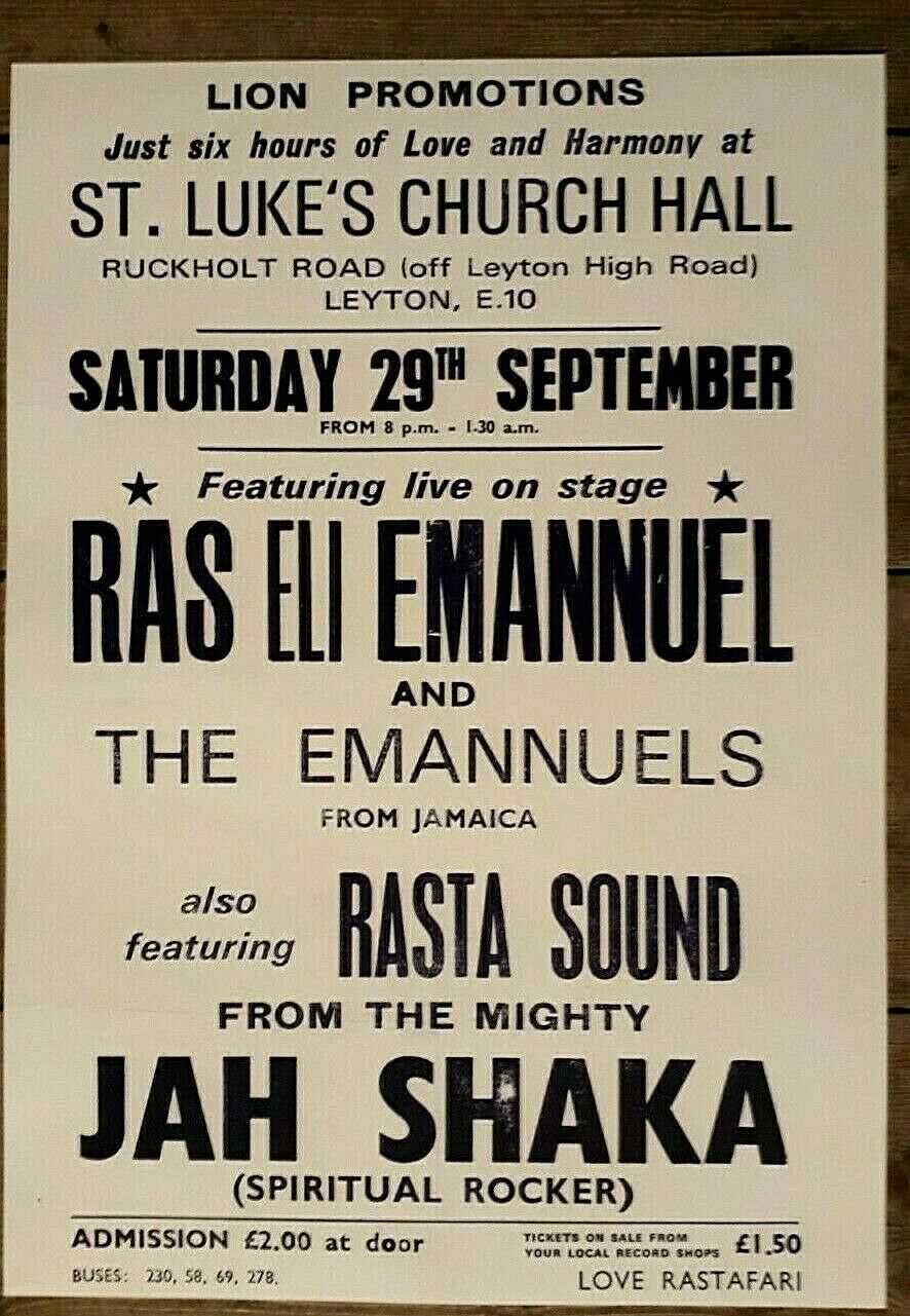 Jah Shaka poster - Reggae concert promo Ras Eli Emannuels Leyton 79 A3 reprint - Original Music and Movie Posters for sale from Bamalama - Online Poster Store UK London