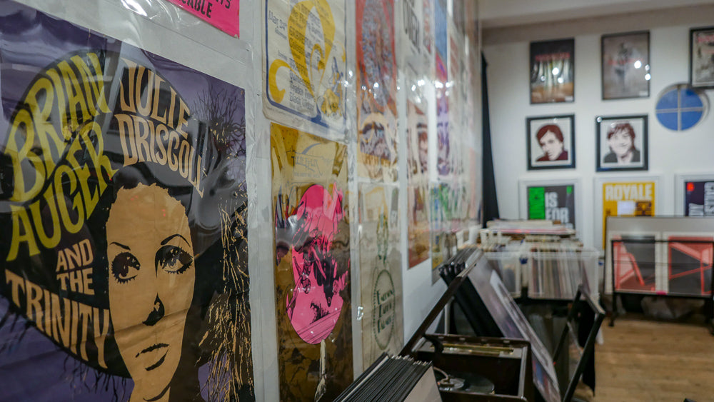 Image from Bamalama Posters Inside Bamalama's London poster shop, with original posters on display