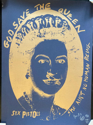 Sex Pistols & Jamie Reid original screen print poster - God Save the Queen Gold on Blue limited edition signed & numbered 1997 - Original Music and Movie Posters for sale from Bamalama - Online Poster Store UK London