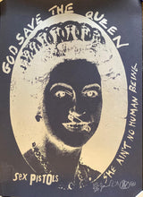 Load image into Gallery viewer, Sex Pistols &amp; Jamie Reid original screen print poster - God Save the Queen Silver on Blue limited edition signed &amp; stamped 1997 - Original Music and Movie Posters for sale from Bamalama - Online Poster Store UK London
