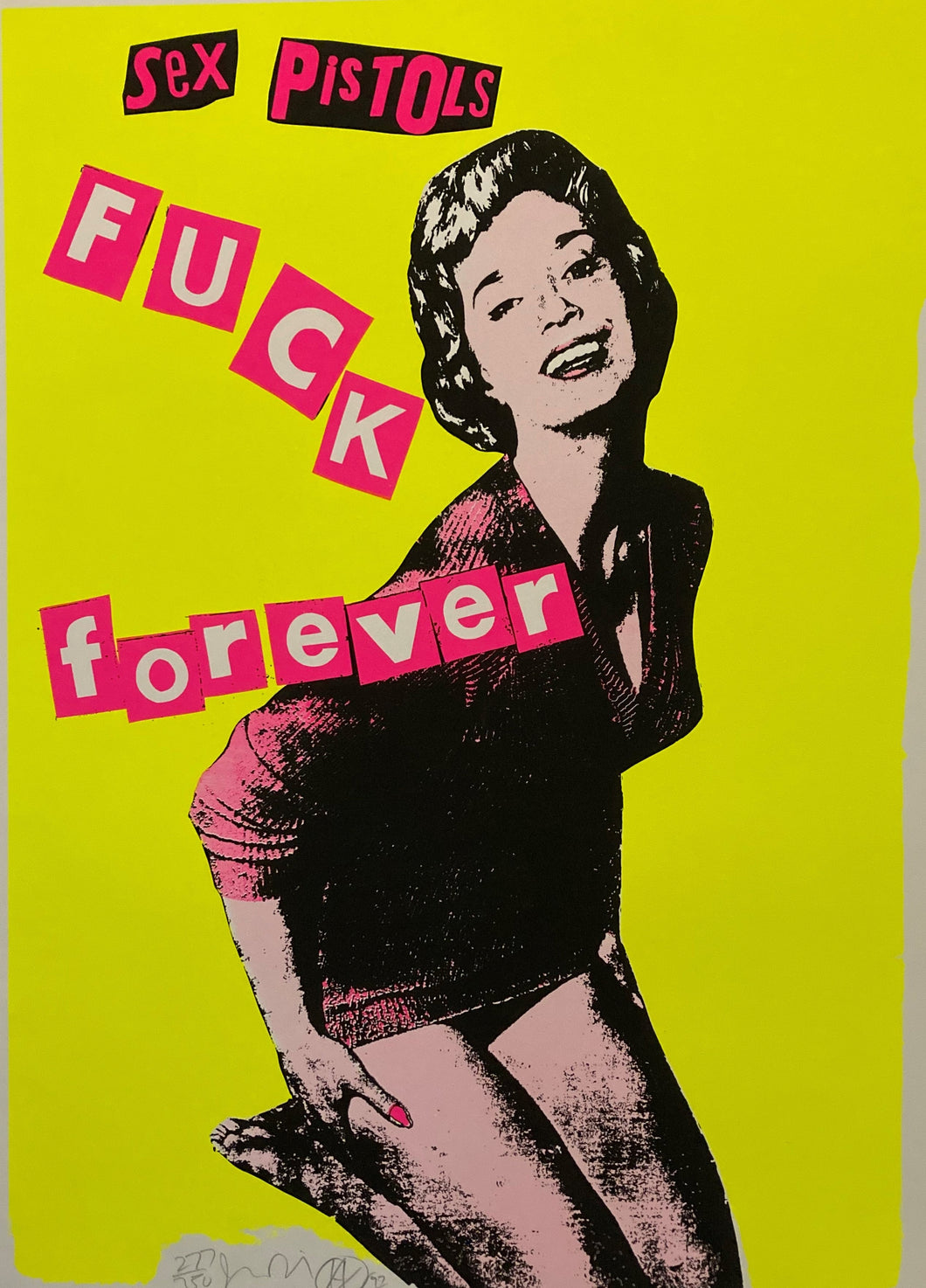 Sex Pistols original poster - Jamie Reid Screen Print Fuck Forever Yellow limited edition signed & numbered 97 - Original Music and Movie Posters for sale from Bamalama - Online Poster Store UK London