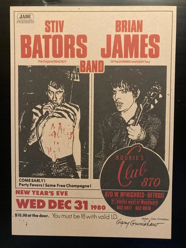 Stiv Bators & Brian James vintage style poster - Concert promo live at Bookies Club Detroit 1980 reprint - Original Music and Movie Posters for sale from Bamalama - Online Poster Store UK London