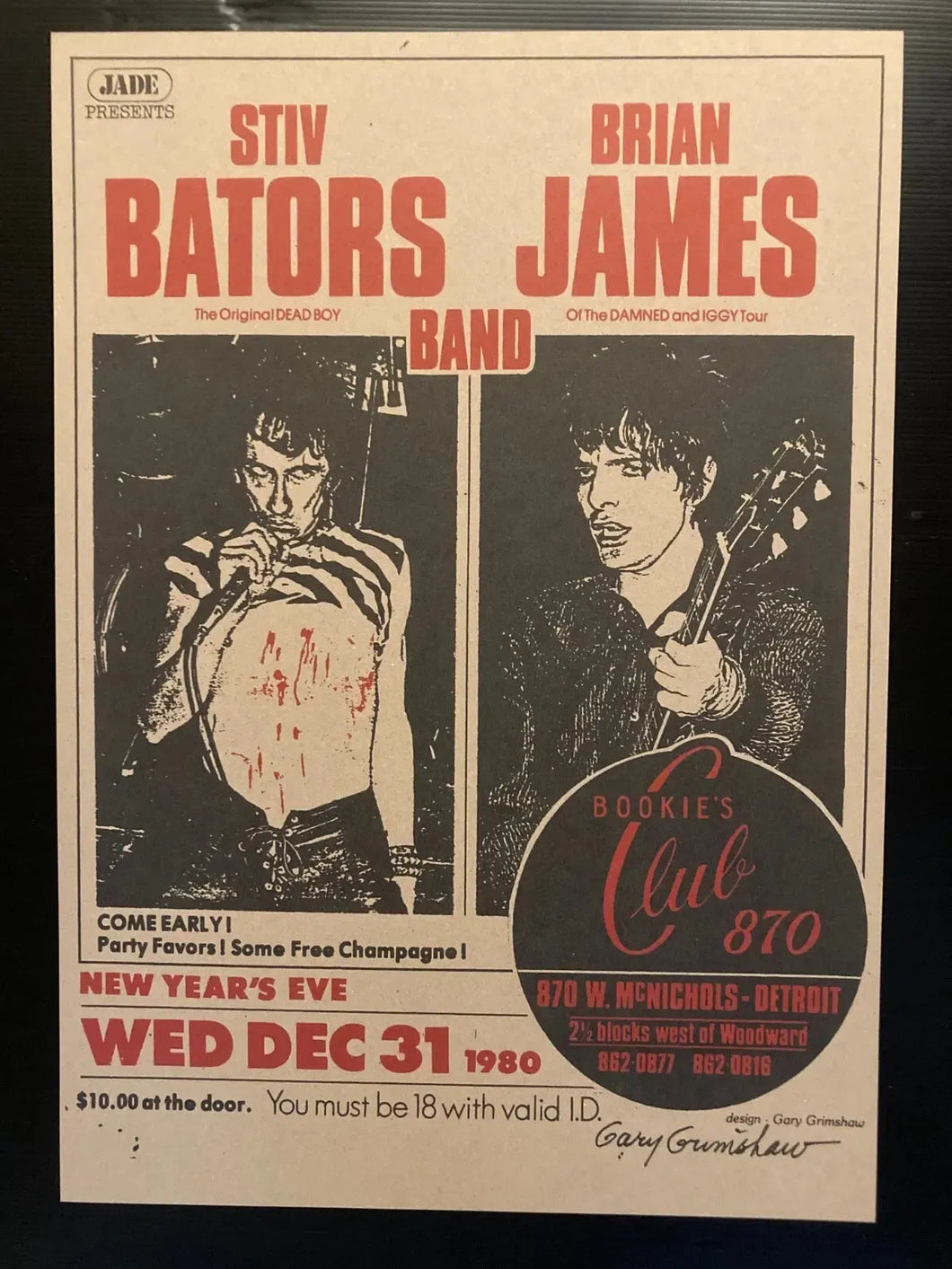 Stiv Bators & Brian James vintage style poster - Concert promo live at Bookies Club Detroit 1980 reprint - Original Music and Movie Posters for sale from Bamalama - Online Poster Store UK London
