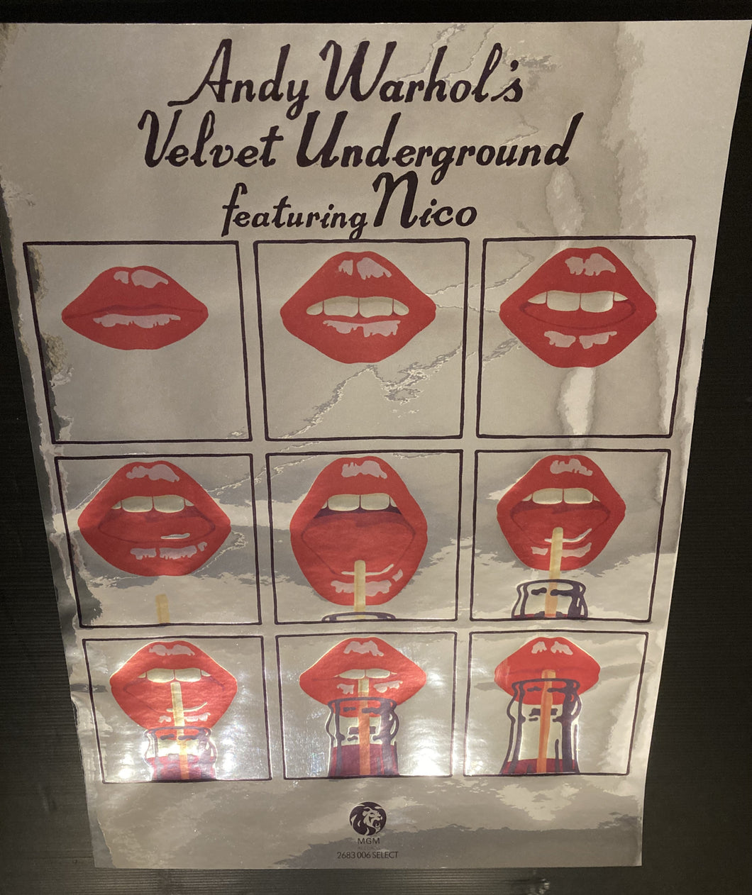 Velvet Underground chrome/mirror effect poster - Andy Warhol lips design 1967 New Large A2 - Original Music and Movie Posters for sale from Bamalama - Online Poster Store UK London