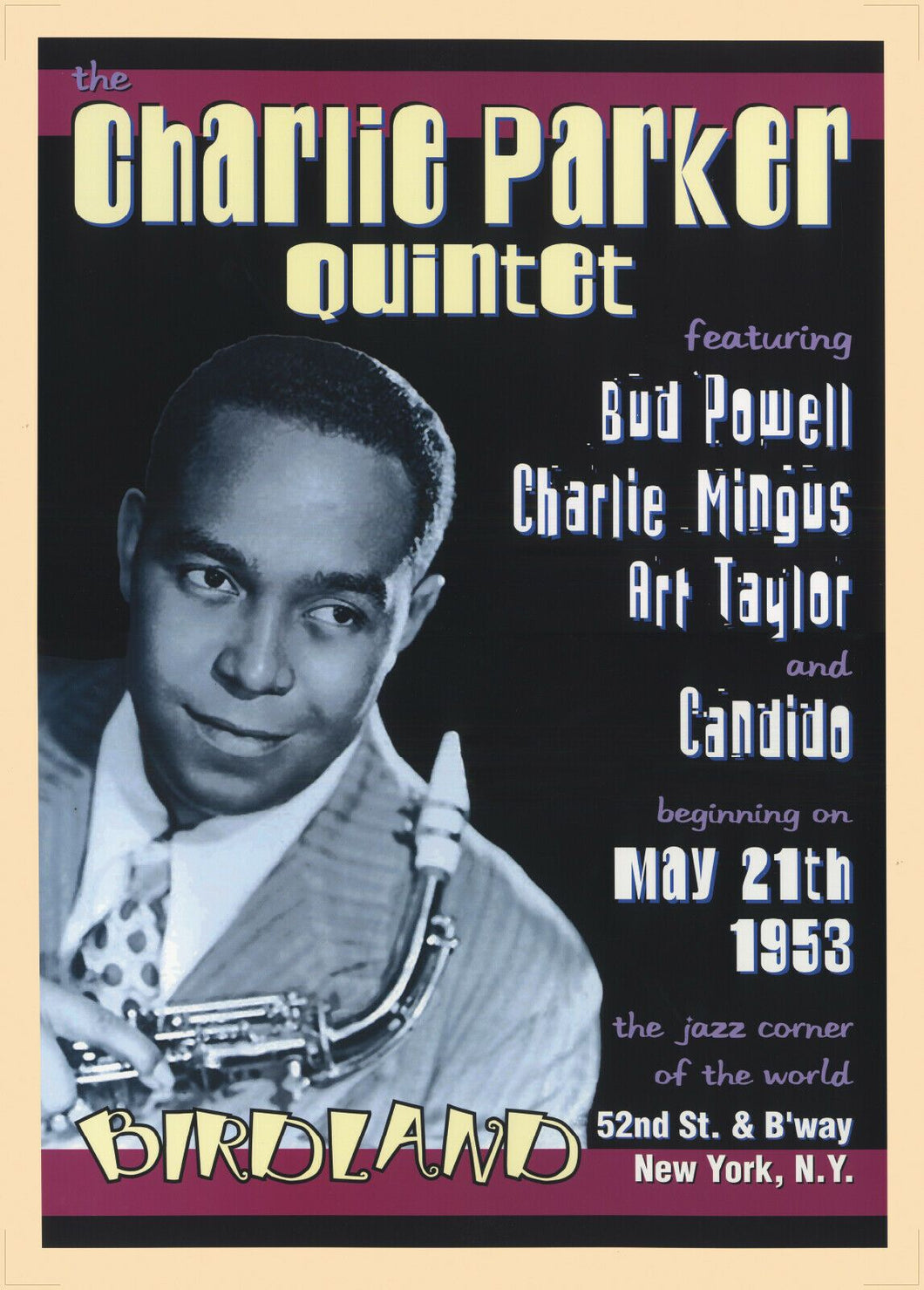 CHARLIE PARKER CONCERT PROMO POSTER - LIVE NEW YORK CITY 1953 USA A2 size - Original Music and Movie Posters for sale from Bamalama - Online Poster Store UK London
