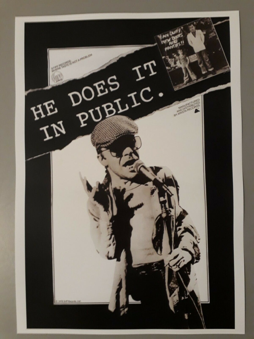Ian Dury poster - Does it in Public New Boots 1977 promotional A3 size reprint - Original Music and Movie Posters for sale from Bamalama - Online Poster Store UK London