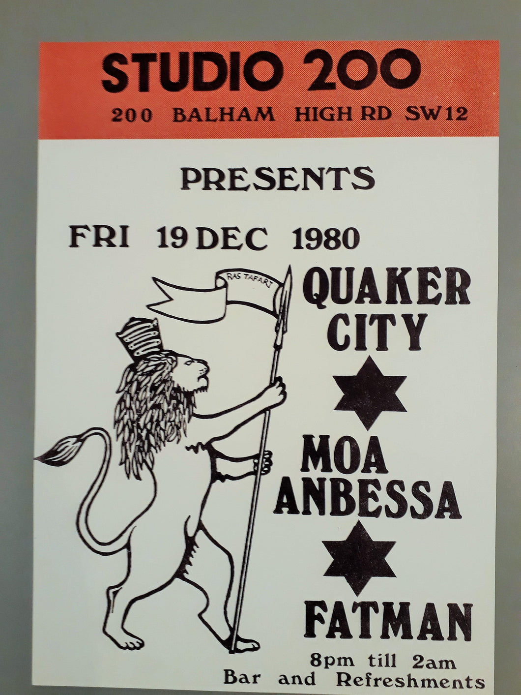 Reggae promotional concert poster - Studio 200 with Fatman & Quaker City 1980 A3 reprint - Original Music and Movie Posters for sale from Bamalama - Online Poster Store UK London