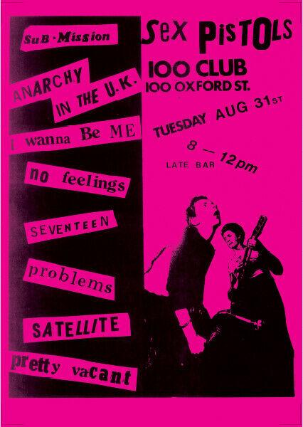 Sex Pistols poster - Live at the 100 club London August 76 new reprinted edition - Original Music and Movie Posters for sale from Bamalama - Online Poster Store UK London